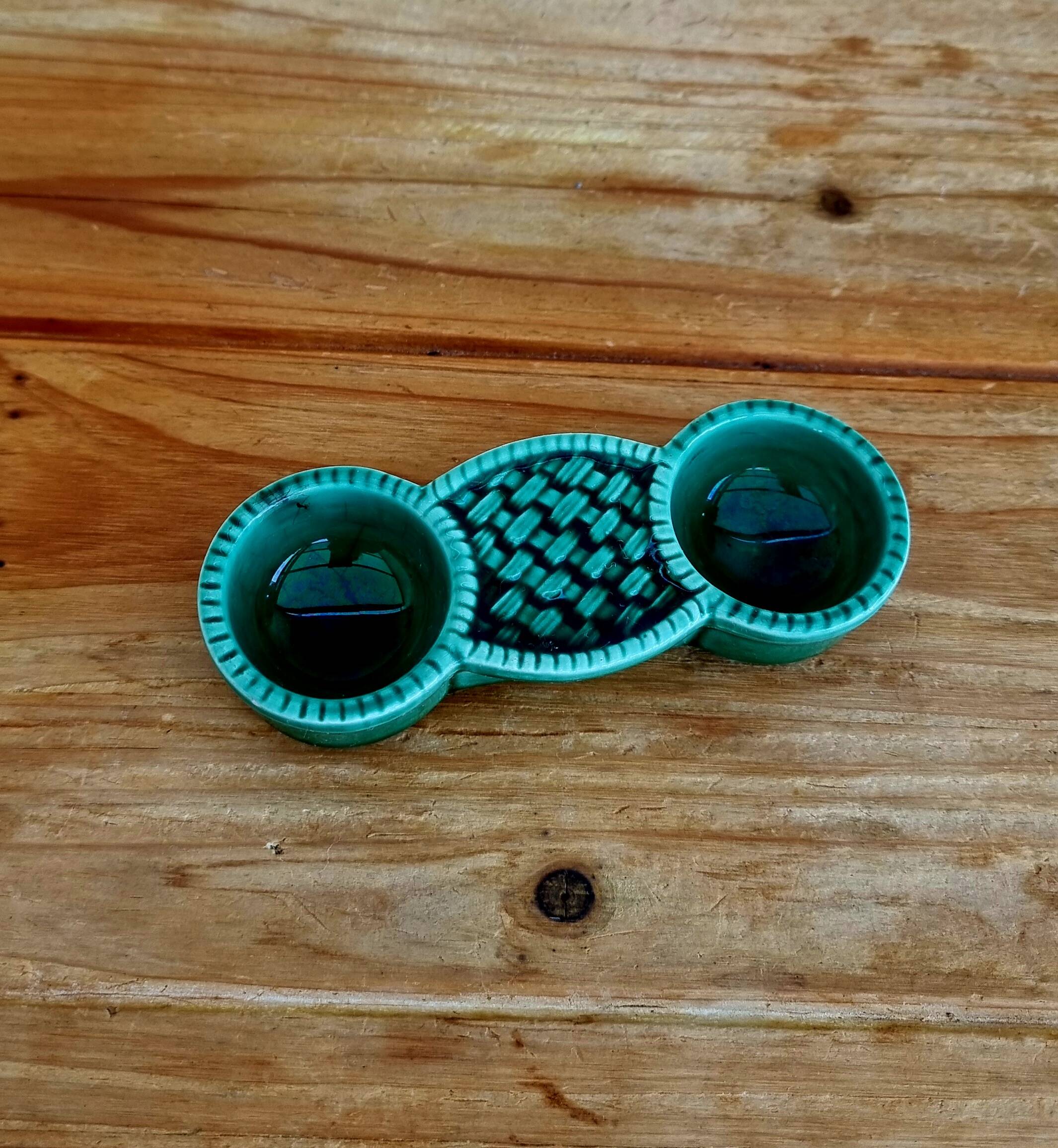 Salière double vintage en céramique vert émaillé 60's