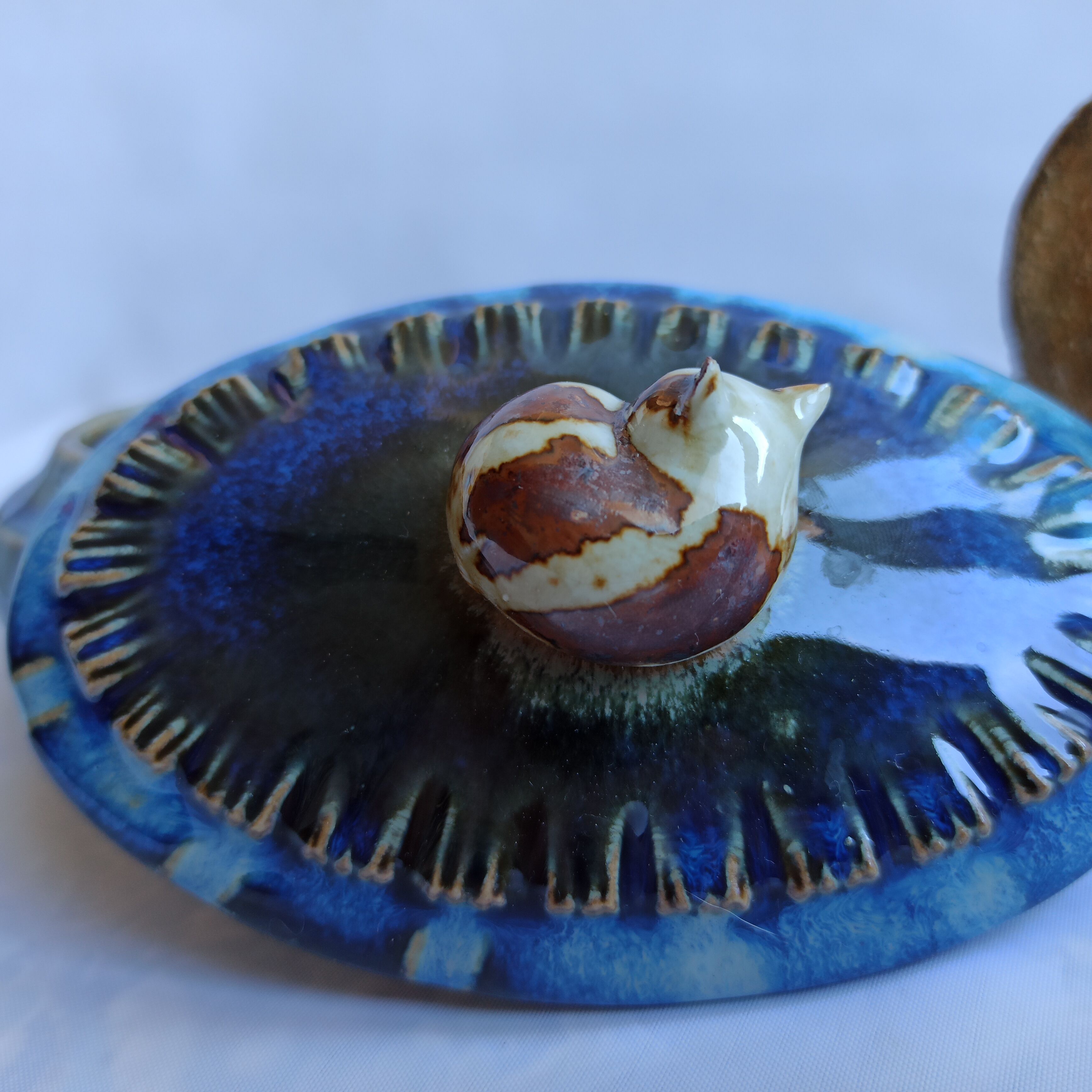 Boîte bleue au chat qui dort grès poterie
