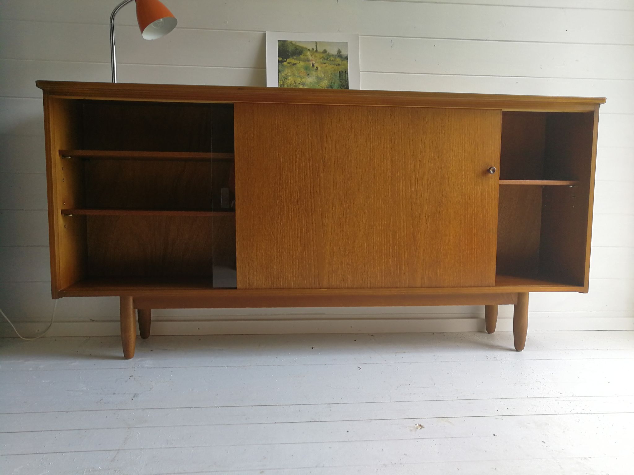 Mid Century Vintage Teak Sideboard Display Bookcase Cabinet 1960'S Sliding Glass And Teak Doors