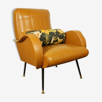 Italian armchair imitation leather camel & its cushion 1960