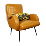 Italian armchair imitation leather camel & its cushion 1960