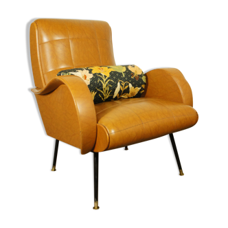 Italian armchair imitation leather camel & its cushion 1960