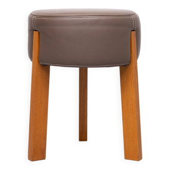 Top quality Leather Pouf 3 Oak legs 1990s