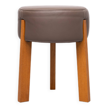 Pouf en cuir de qualité supérieure 3 pieds en chêne années 90