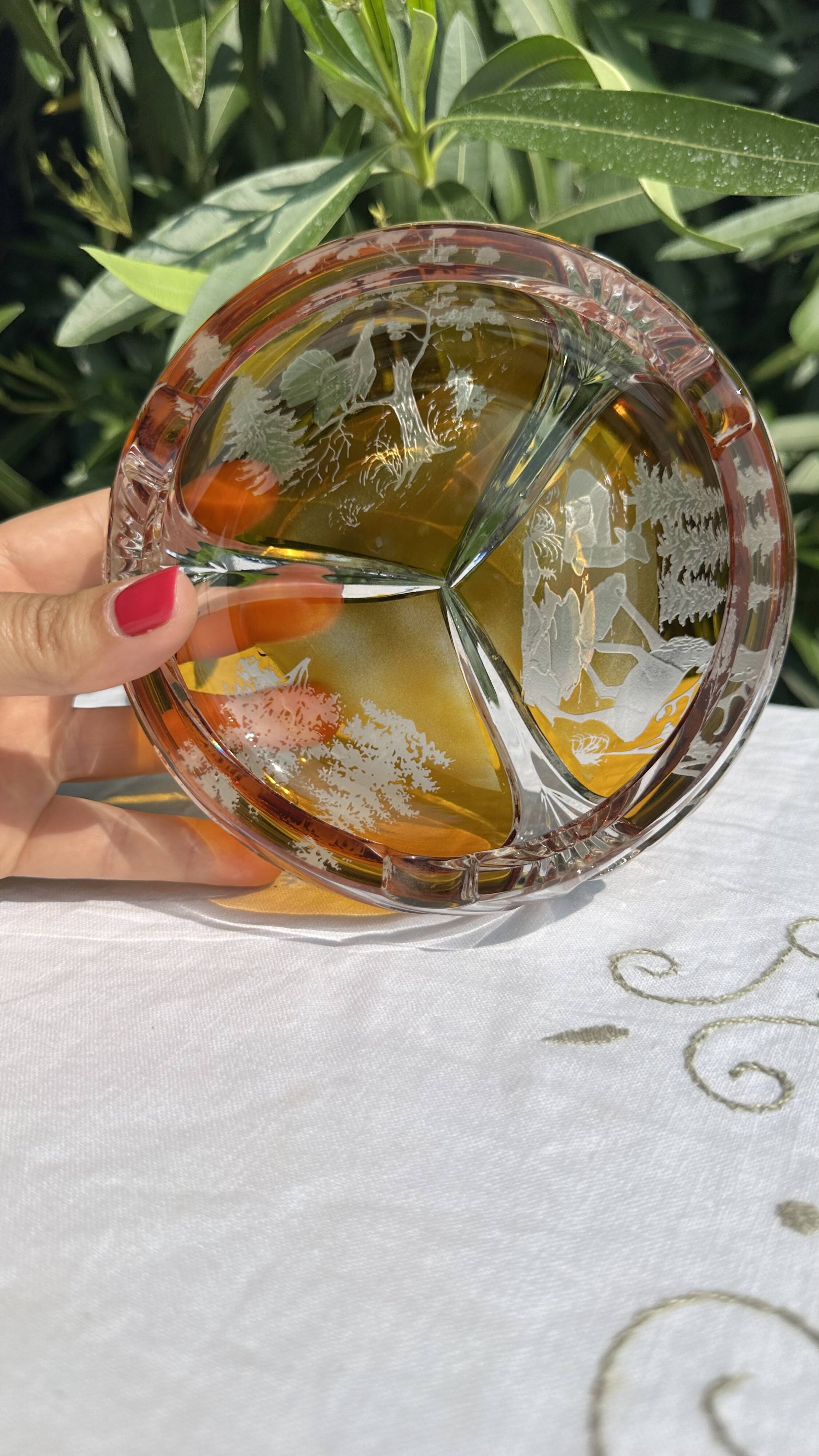 Magnificent Vintage Bohemian Ashtray in Cut Crystal of Yellow Orange