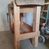 Old homemade vintage solid wood workbench with press and drawer