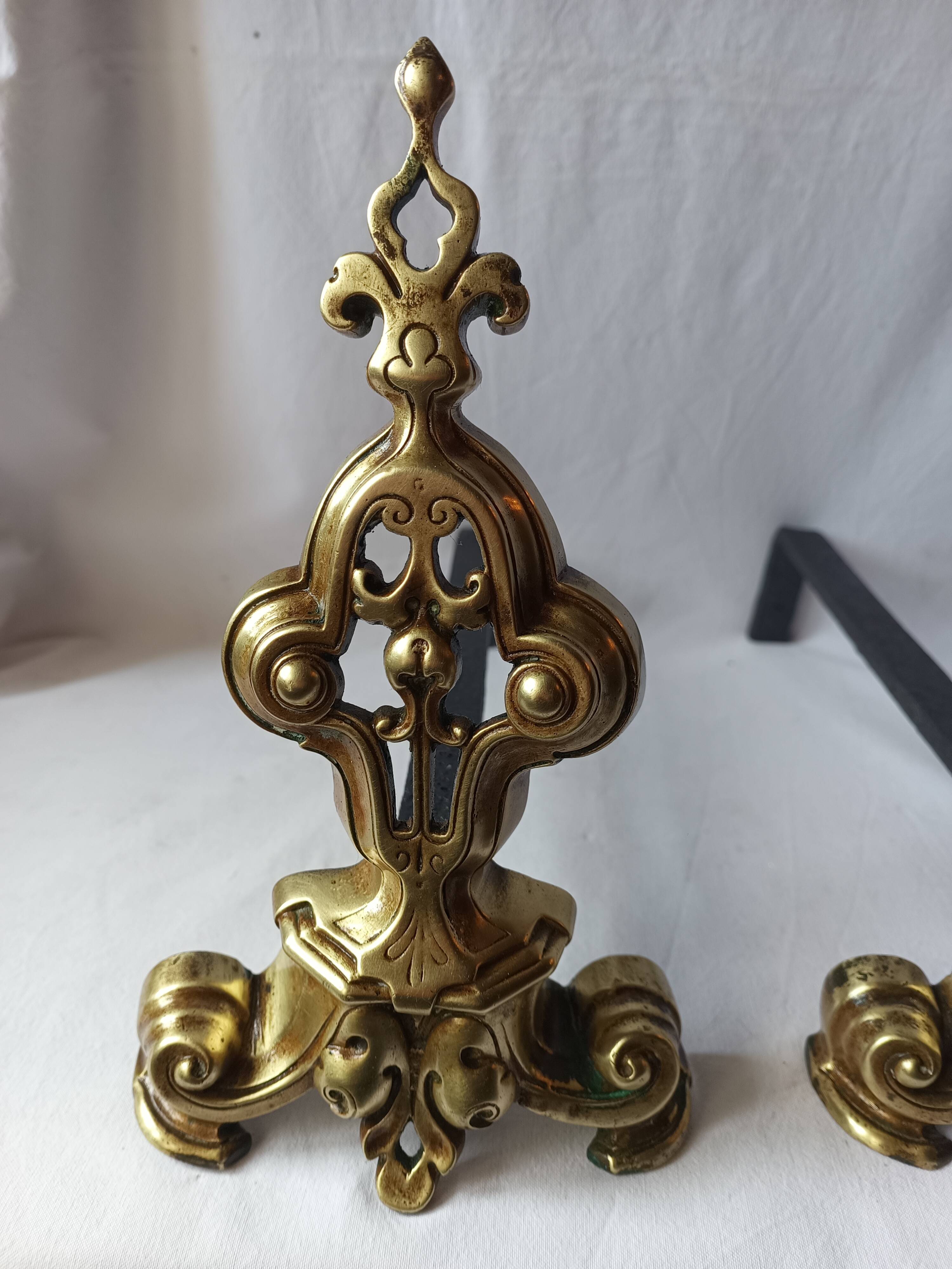 Old bronze chenets fireplace log holder pair