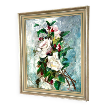 Huile sur toile originale – « Nature morte de fleurs » par M. Hellberg