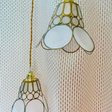 Pair of portable lamps with mother-of-pearl lampshades and brass.