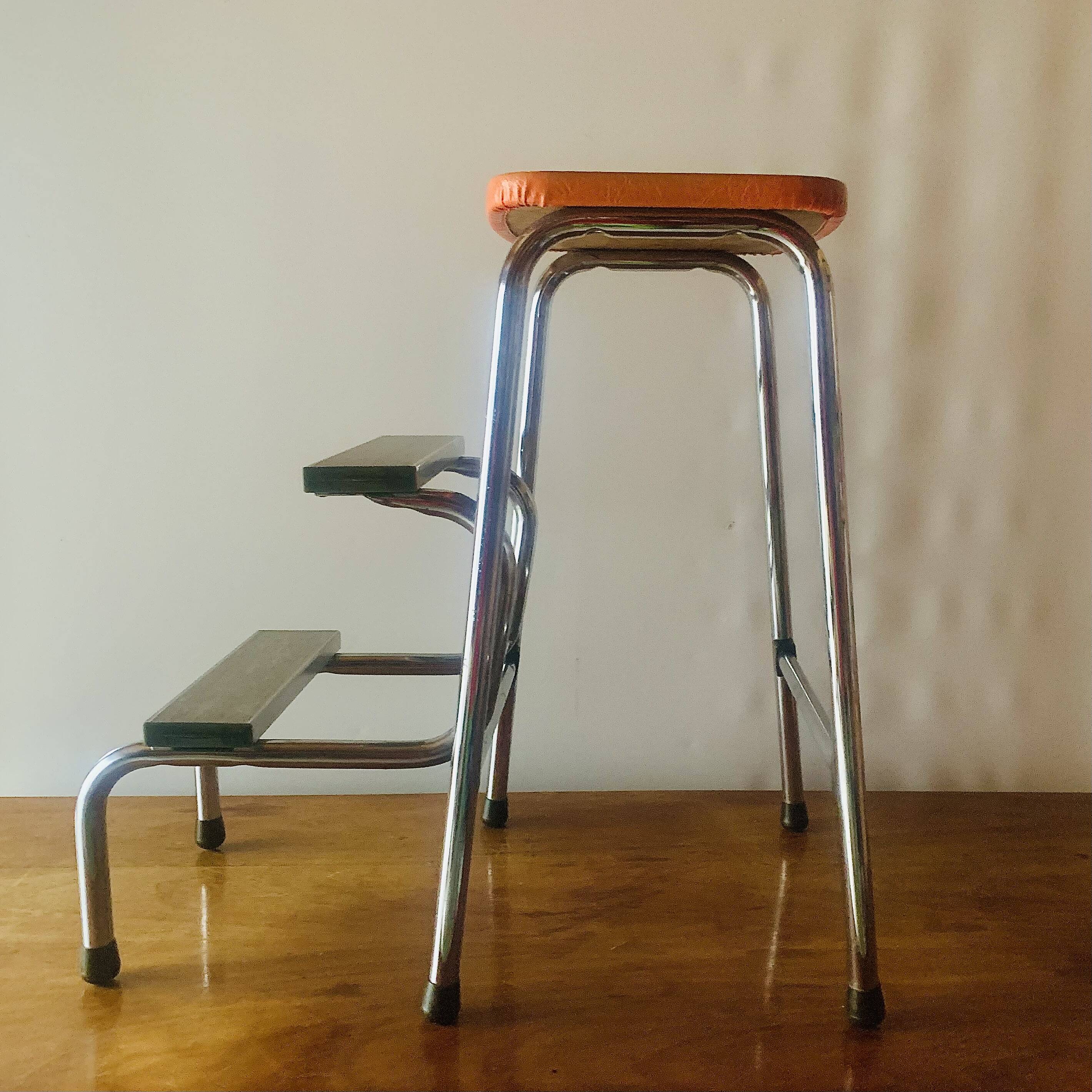 Vintage Brabantia step stool in wood, Skai and chrome metal