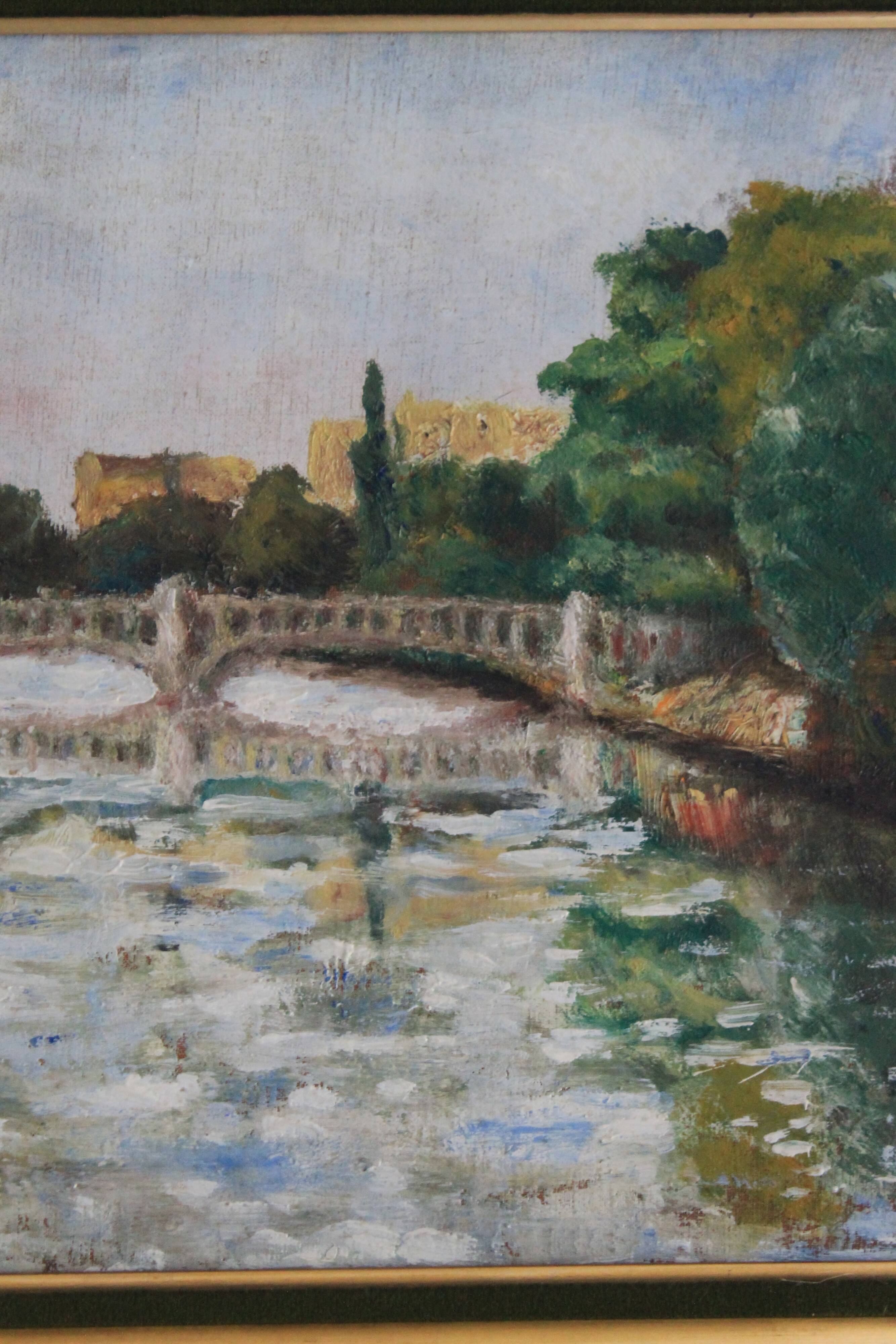 Oil on canvas "Landscape with Bridge" early 20th century