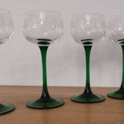 Set of 4 old Alsatian green stemmed wine glasses with vine decor engraved crystal arc