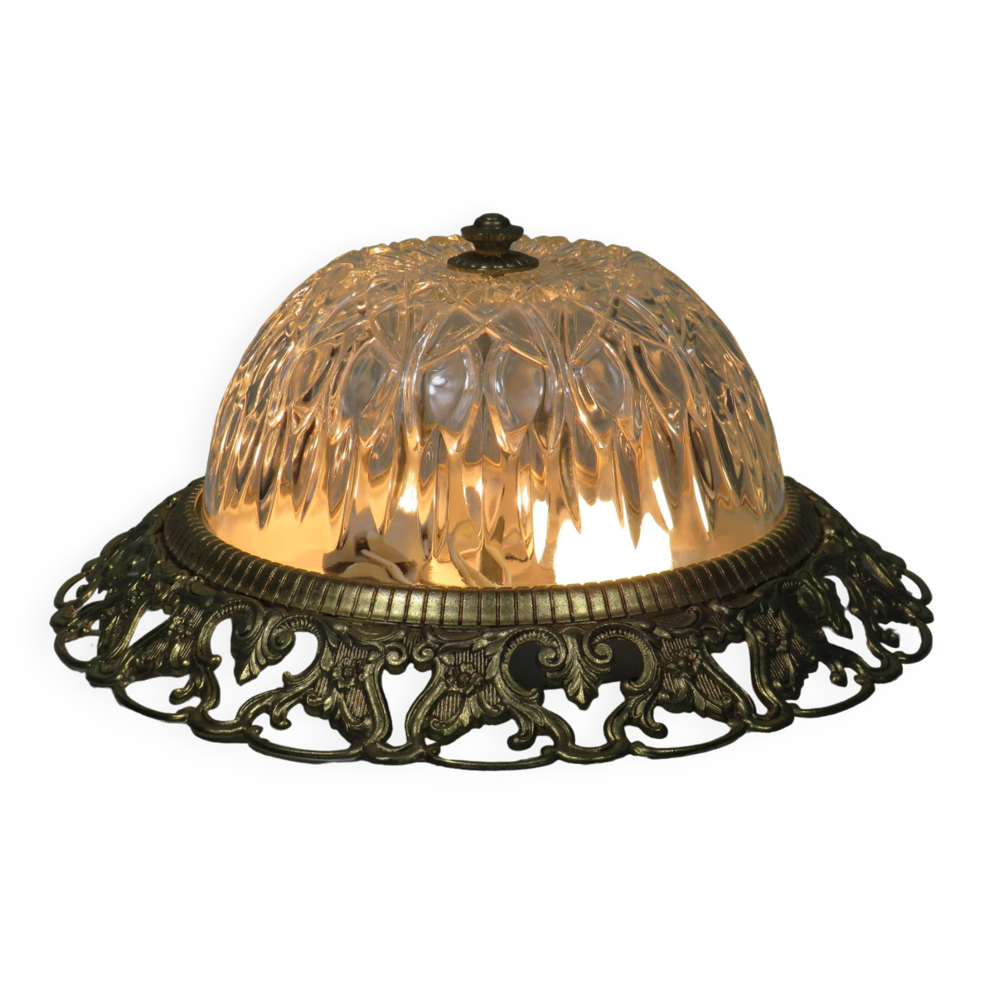 Hollywood Regency ceiling light, cut glass and openwork gold edge.