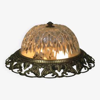 Hollywood Regency ceiling light, cut glass and openwork gold edge.