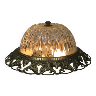 Hollywood Regency ceiling light, cut glass and openwork gold edge.