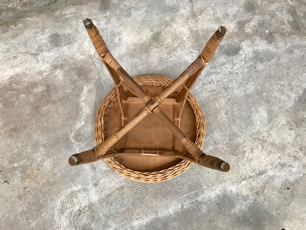 Guéridon vintage en osier rotin ancien bohème 1950