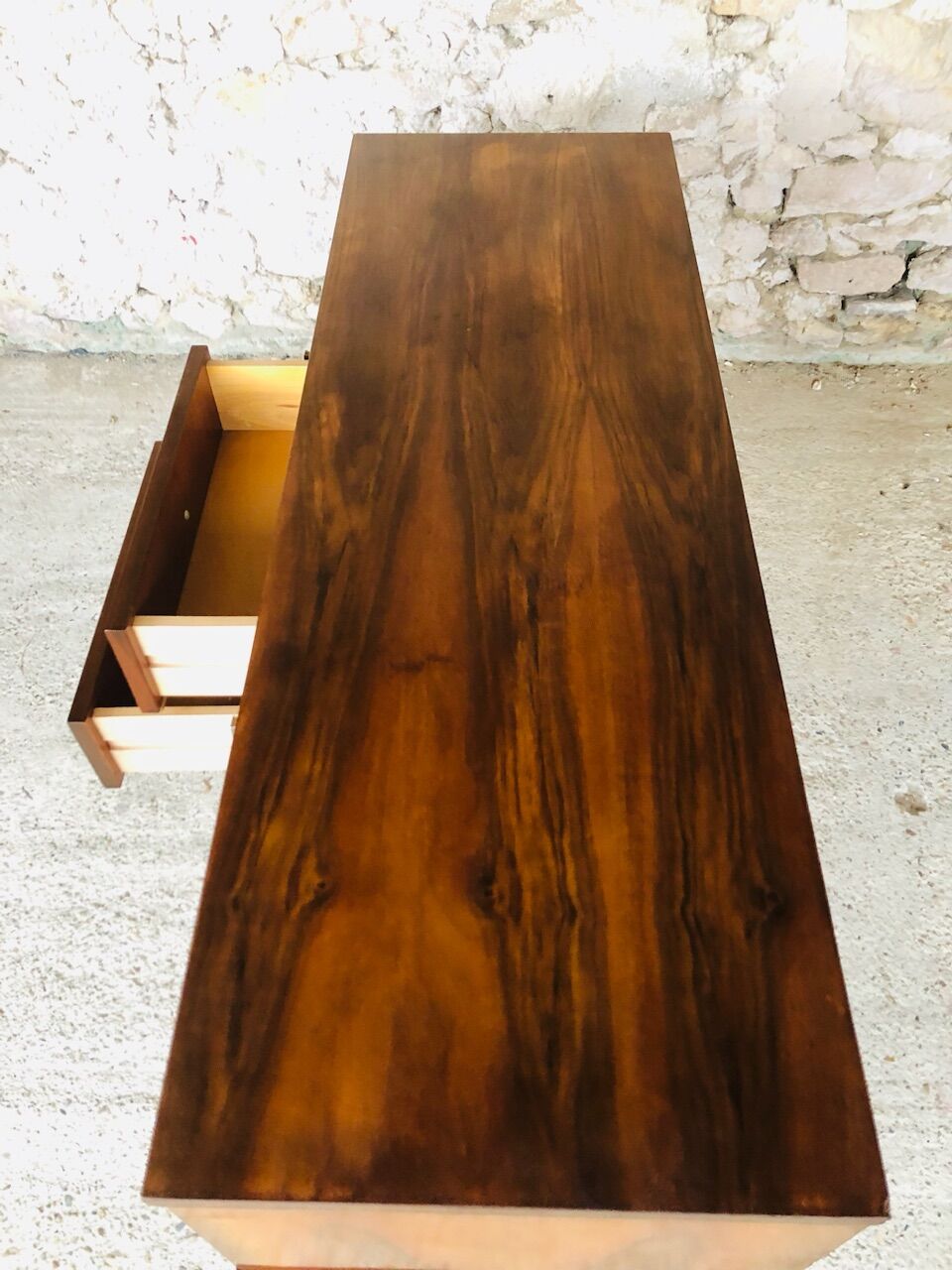 Vintage low row in flame walnut, by G N B , Circa 60