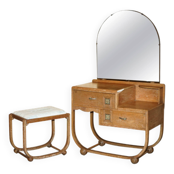 Table de toilette en chêne blanchi Art Déco avec tabouret Heal's