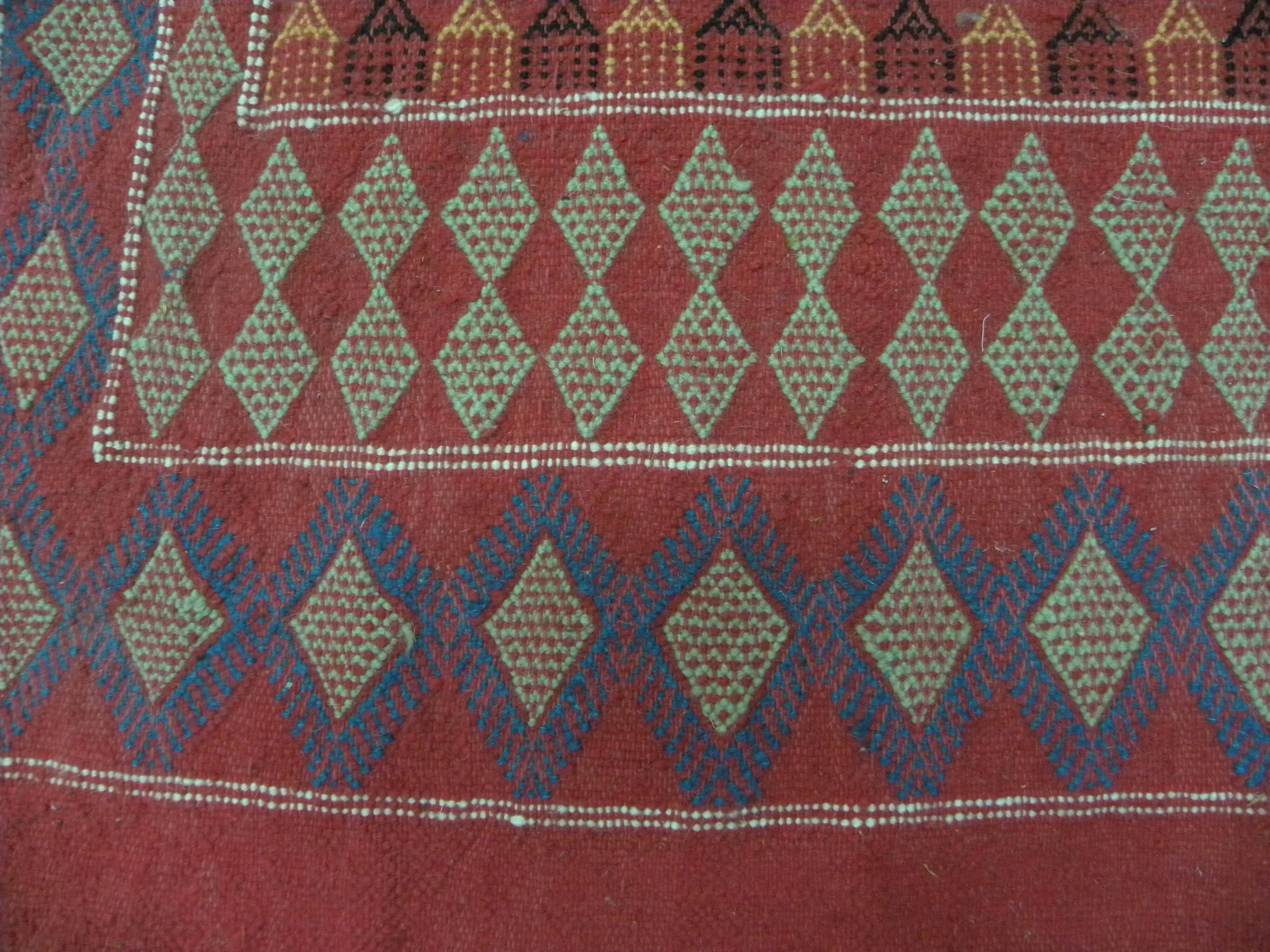 Vintage Tunisian Berber Nomadic Tribal Rug Old Red Diamond Pattern