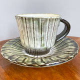 Onta-yaki ware - green and white ceramic teacup with saucer - japanese traditional handmade pottery