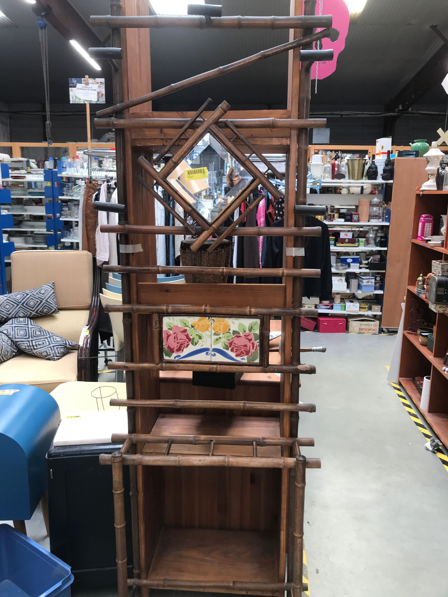 Bamboo coat rack and 1950s mirror