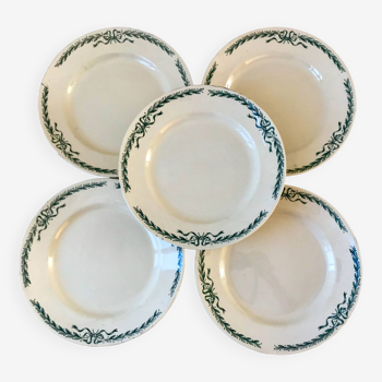 Lot de 5 assiettes plates en Terre de Fer Longchamp modèle Belleville, fin XIXème