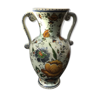 Vase Delft avec anses céramique blanc décor fleurs vintage