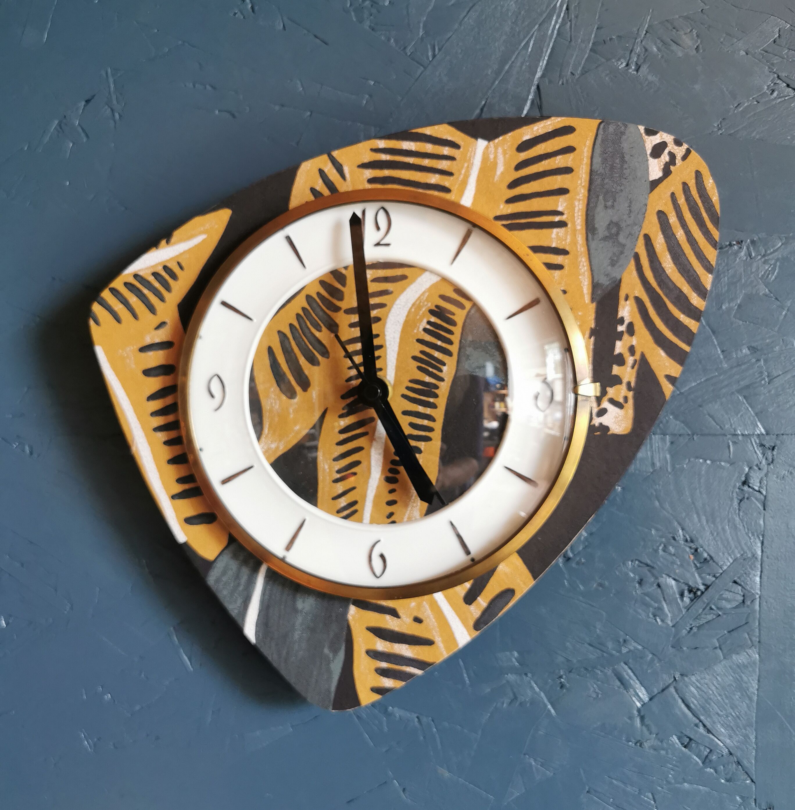 Vintage formica clock asymmetrical silent wall clock "Ochre gray black"