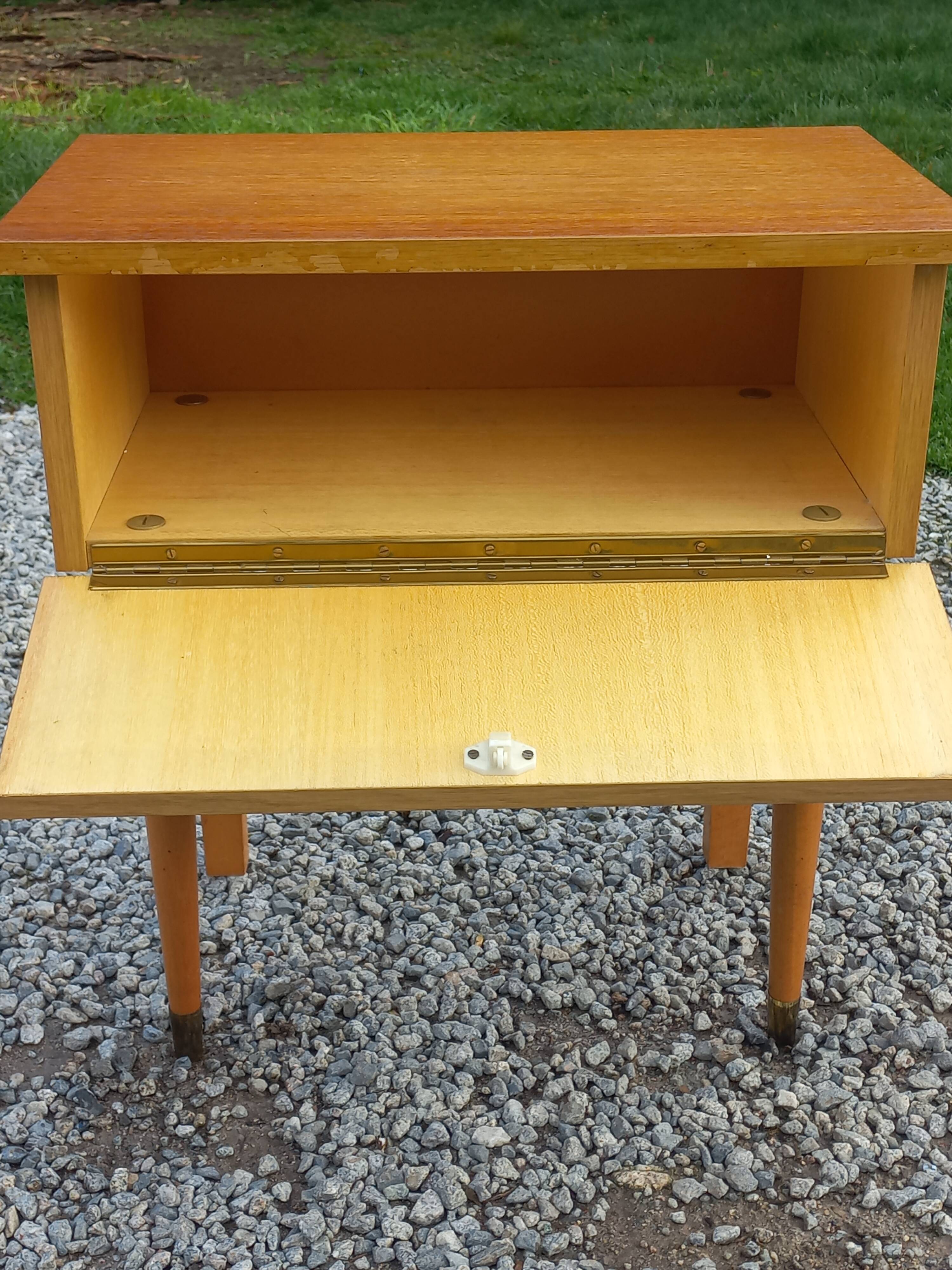 Vintage 1950s bedside table in blond oak with conical legs