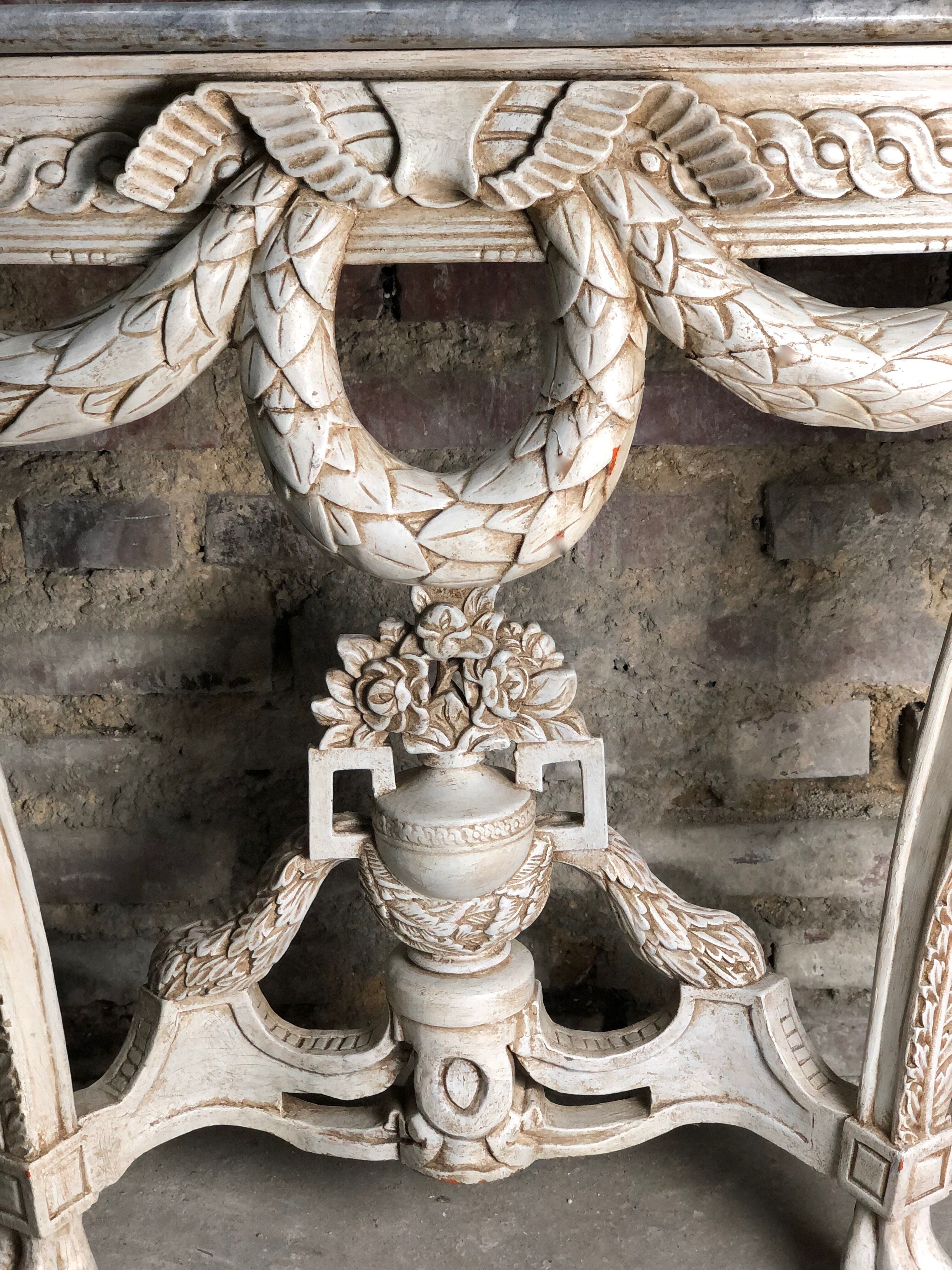 Louis XVI style console in carved wood beige patinated above gray marble