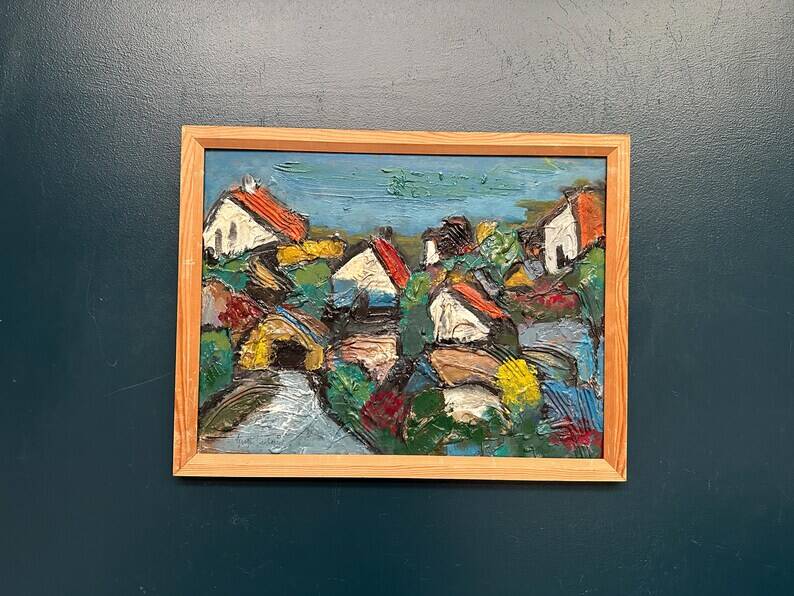 Original Swedish Oil on Panel – "Village Scene (Thick Impasto)" – Signed – Vintage and Framed