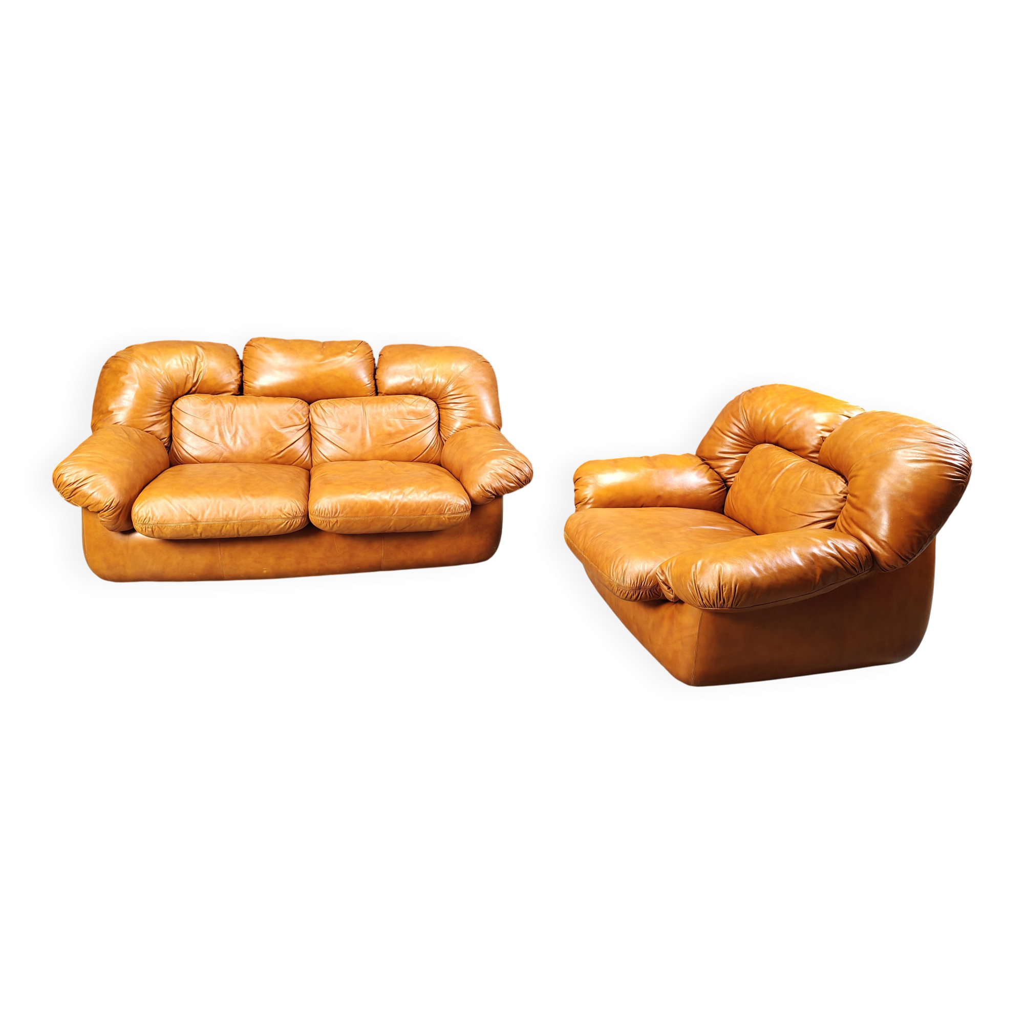 Mid century Italian leather sofa set by Ercole Biella for Grappeggia, 1970s