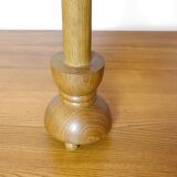 Wooden candle holder mounted as a lamp and its rope shade, 47.5cm.