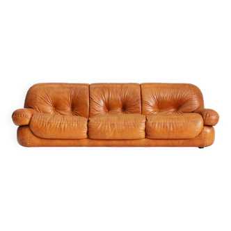 Sapporo Italian cognac leather sofa and armchair Mobil Girgi 1970s