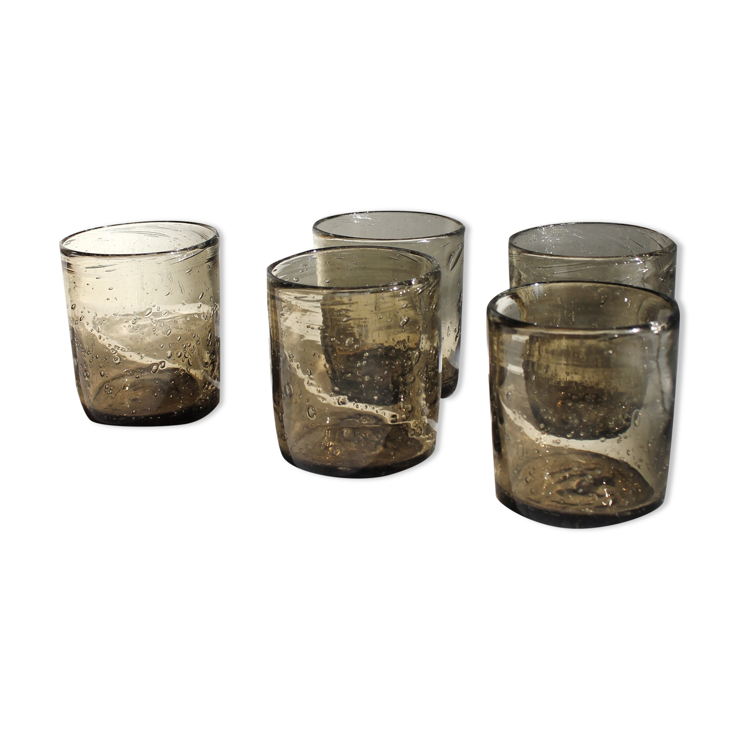 5 verres à eau vintage en verre bullé fumé