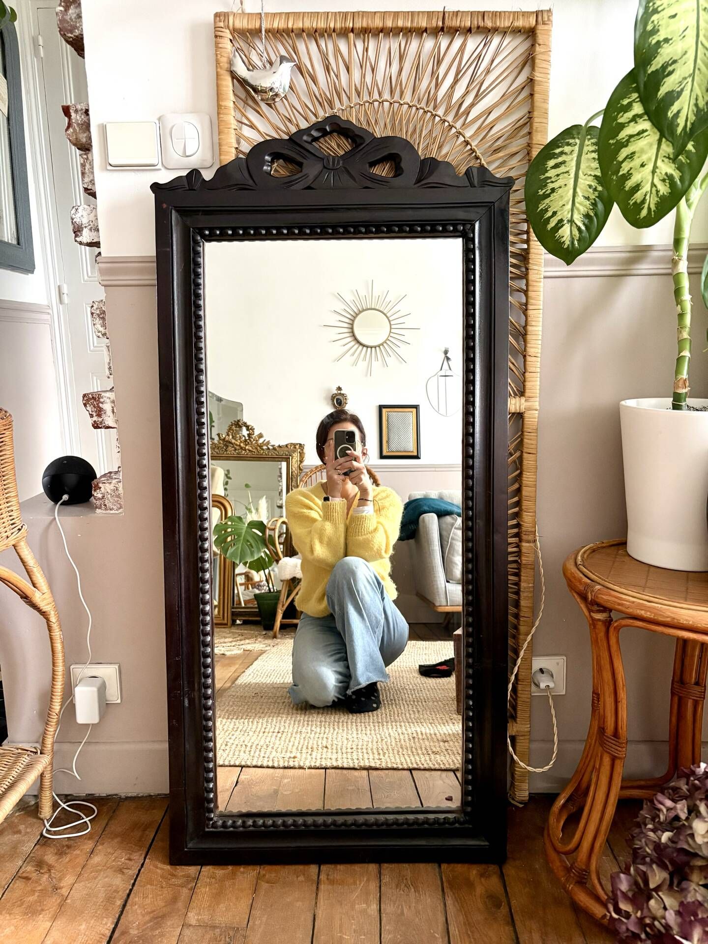 Large antique wooden mirror with sculpted pediment in boho style 118x57cm