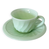 Mint Green Opaline Teacup and Saucer with Swirl Motif, Made in France