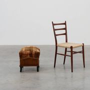 Pair Art Deco walnut stools with original velvet upholstery, Italy 1920s
