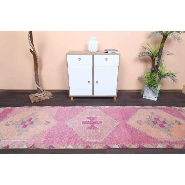 Vintage Turkish Hand-Knotted Wool Cotton Pink Runner Rug 96x365