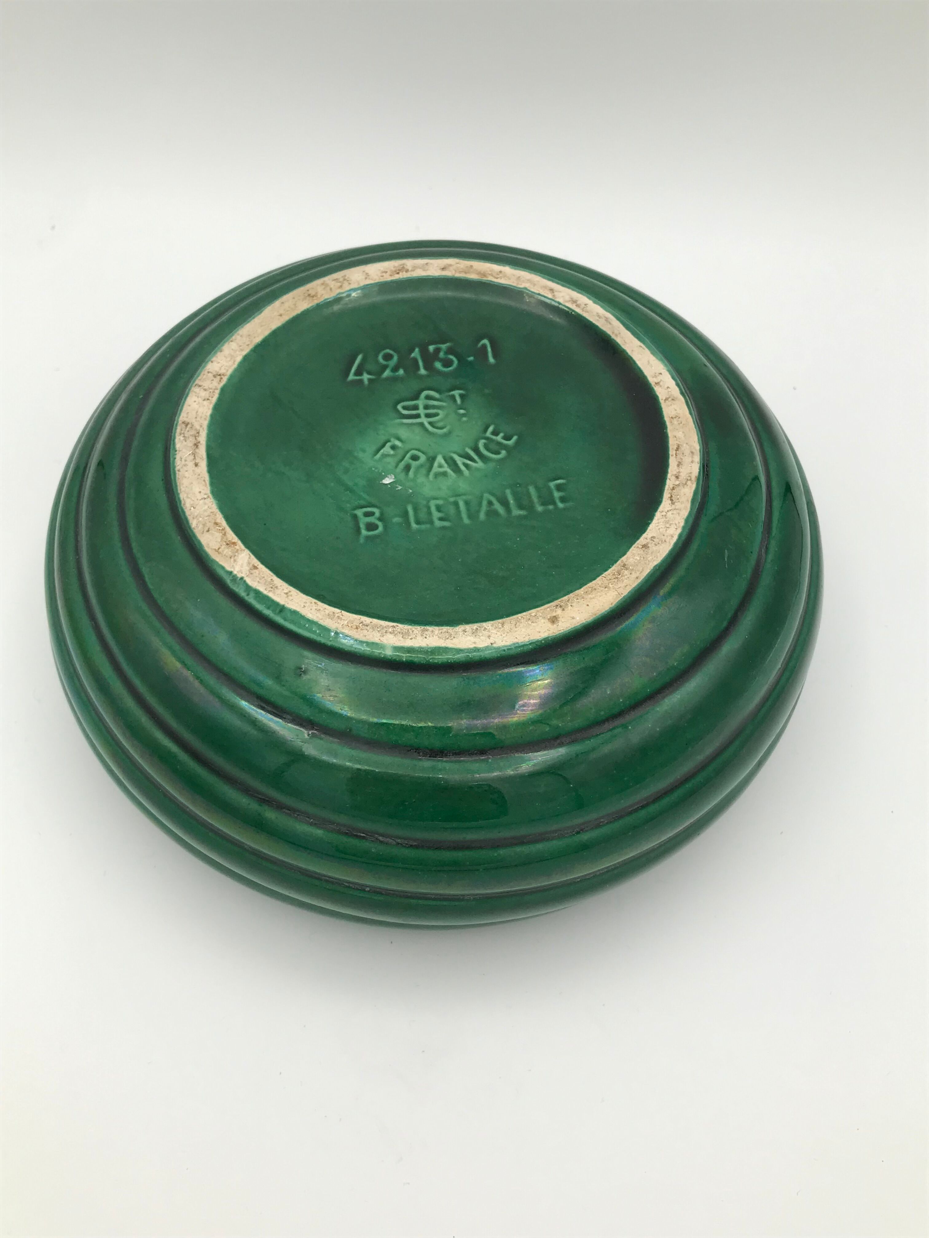 green ceramic flat cup 1950 saint clement signed B Letalle 16 cm