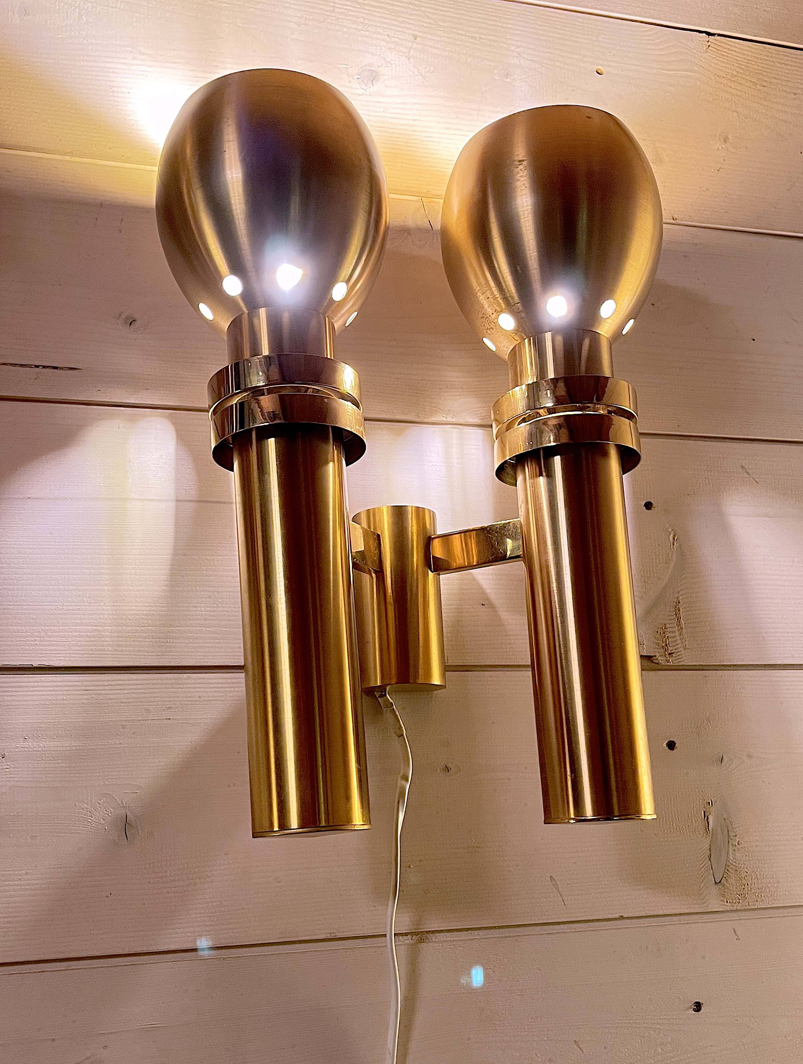 Three Large Scandinavian Brass Sconces, Mid Century