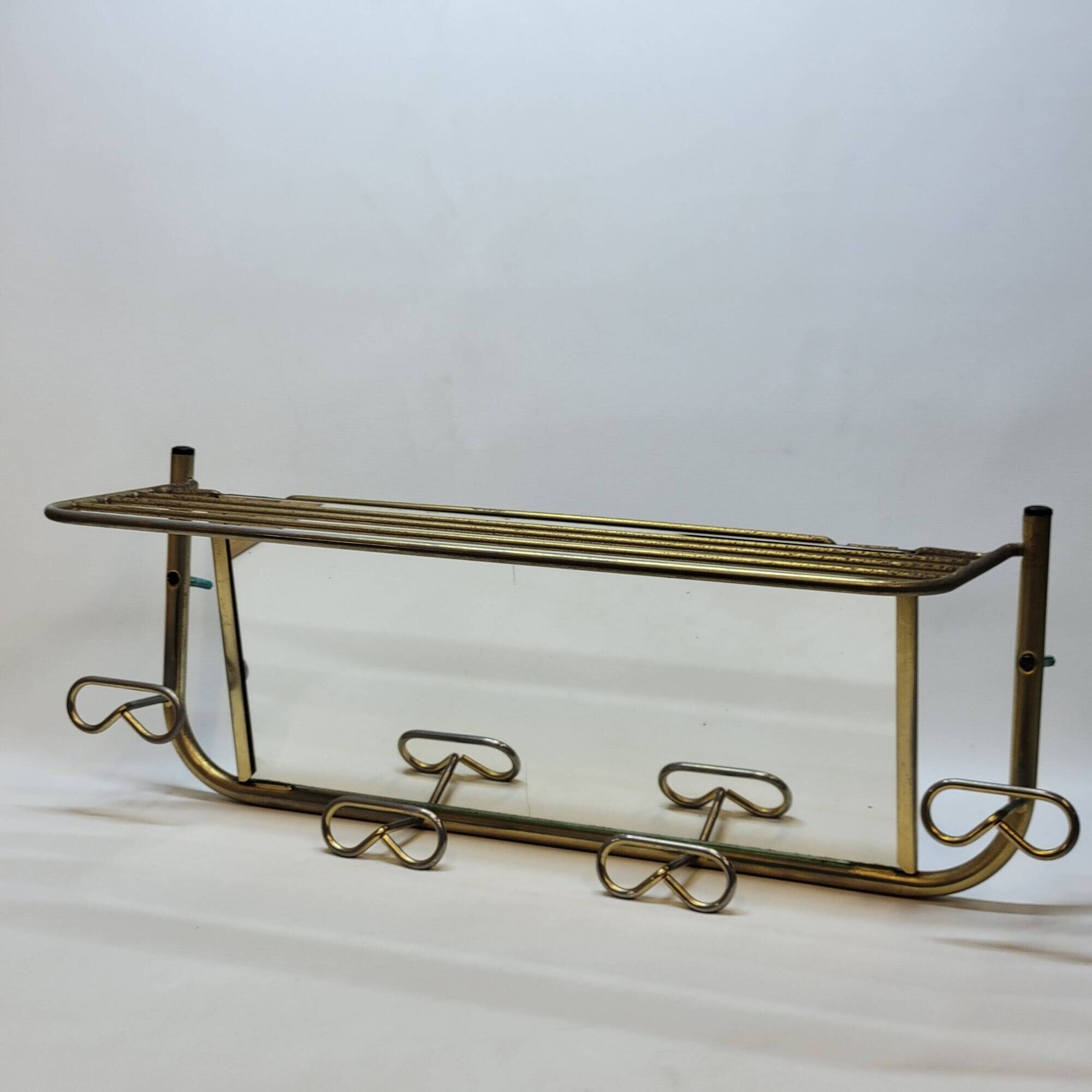 Coat rack with 4 hooks with shelf and vintage mirror in golden metal