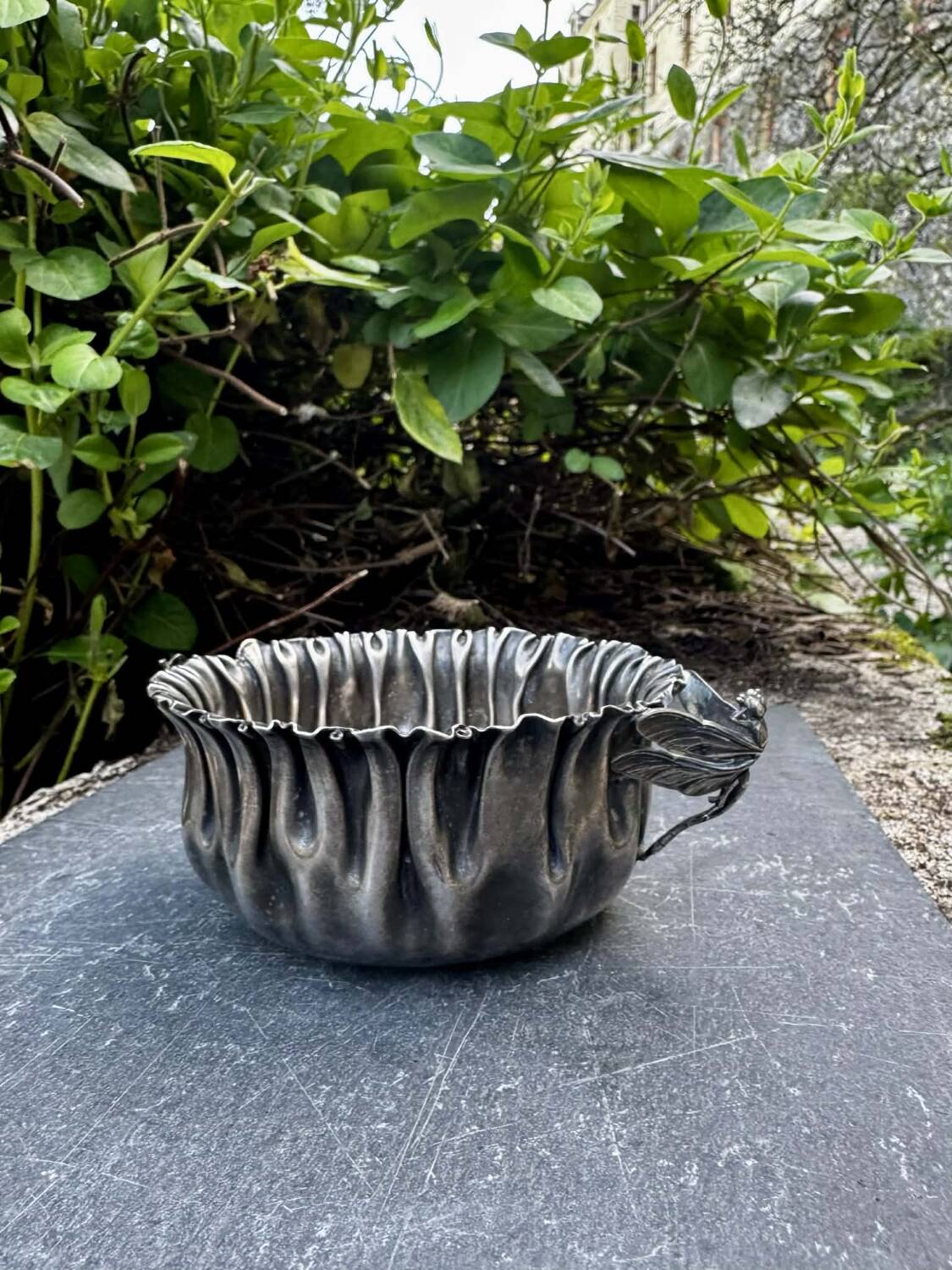 Silver fruit bowl with dragonflies Art Nouveau