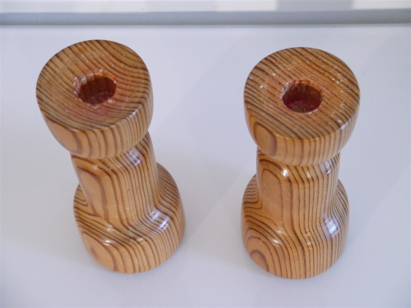Pair of vintage Scandinavian candle holders in pine 1970