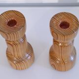 Pair of vintage Scandinavian candle holders in pine 1970