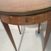 Round Louis XVI style pedestal table in marquetry wood, 20th century