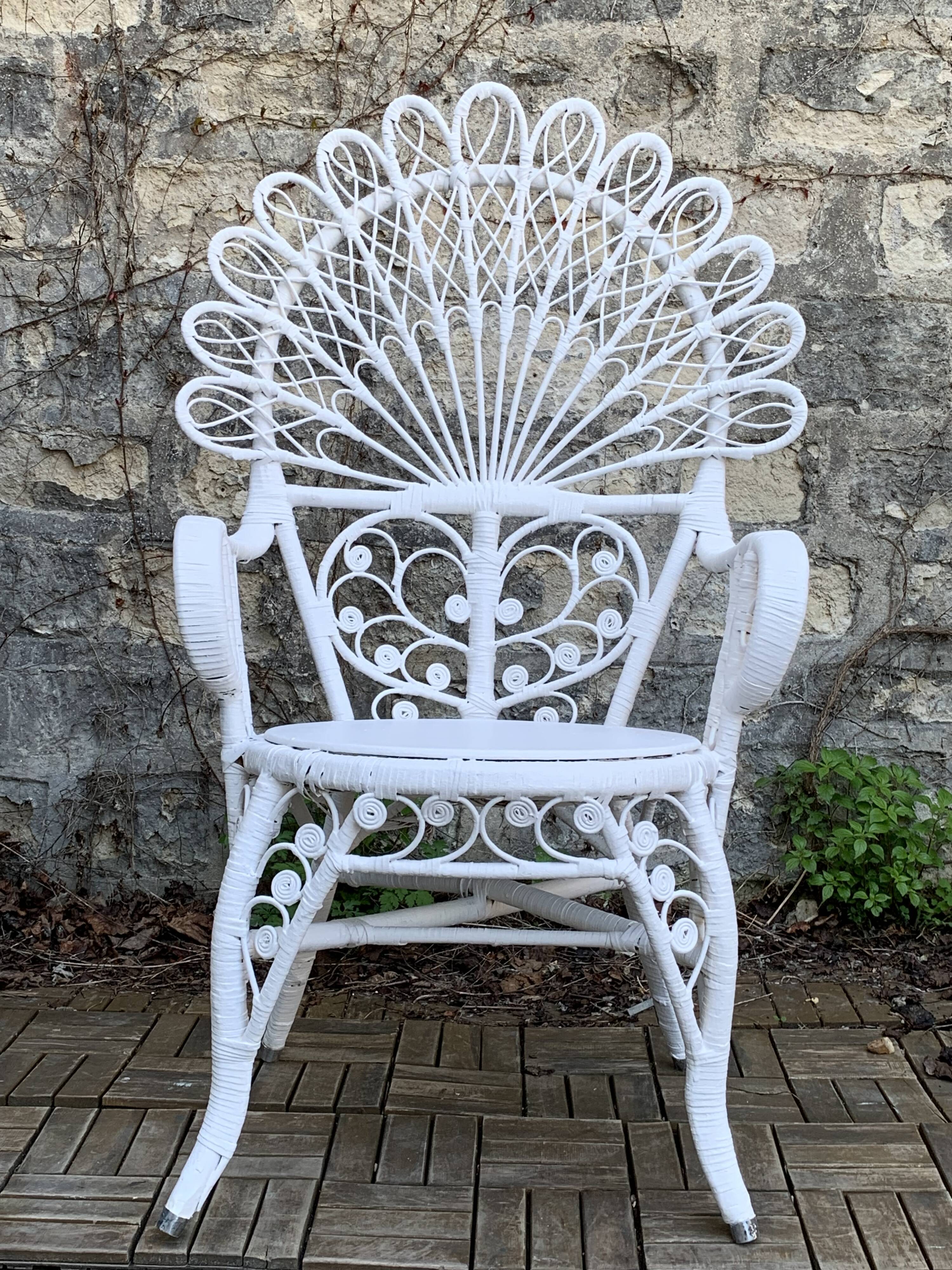 Emmanuelle Peacock white rattan armchair 1970