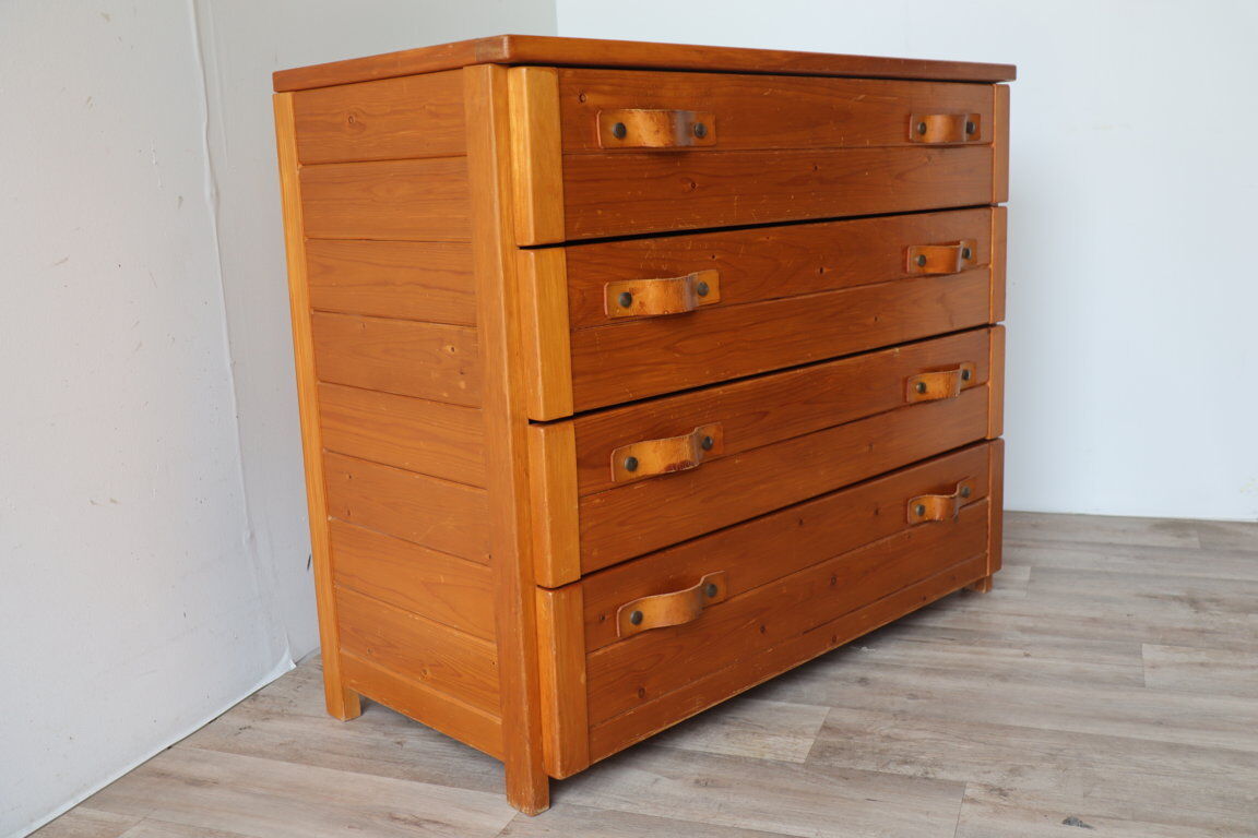 Commode vintage en pin massif et cuir, 1970