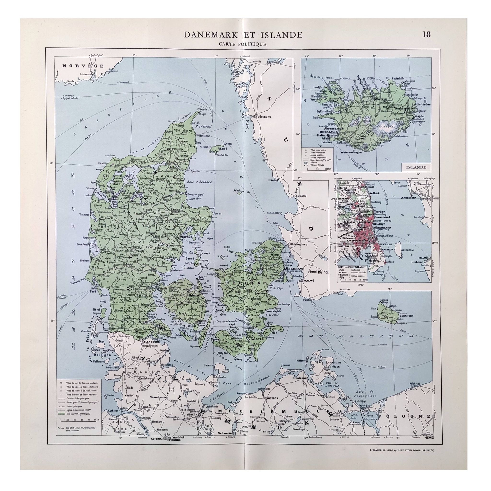 Carte ancienne Danemark Islande Scandinavie 43x43cm de 1950
