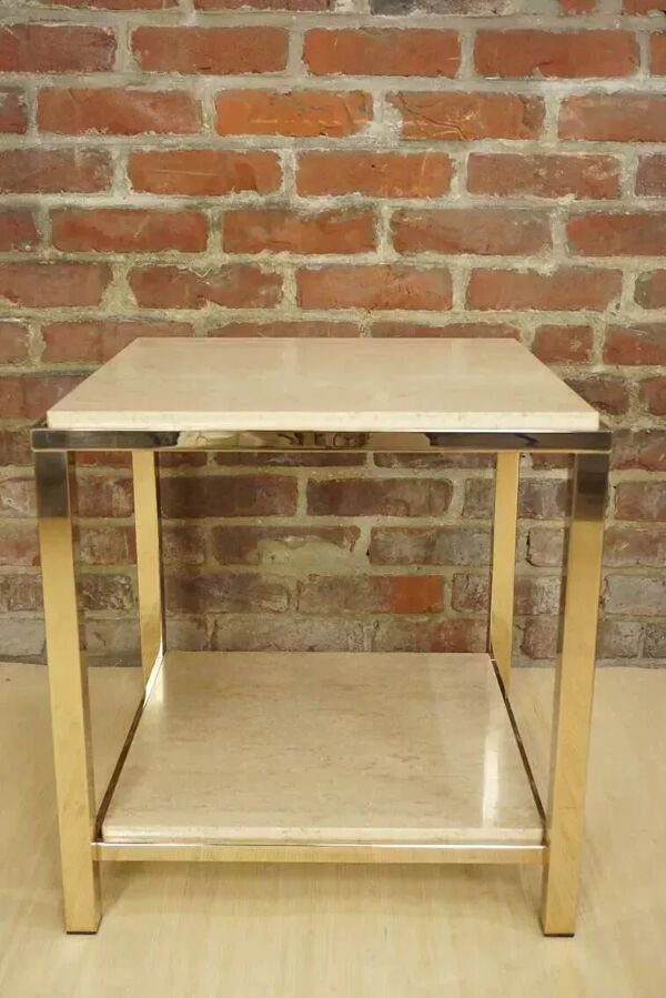 Paire de bouts de canapé en travertin et plaqué or 24carats